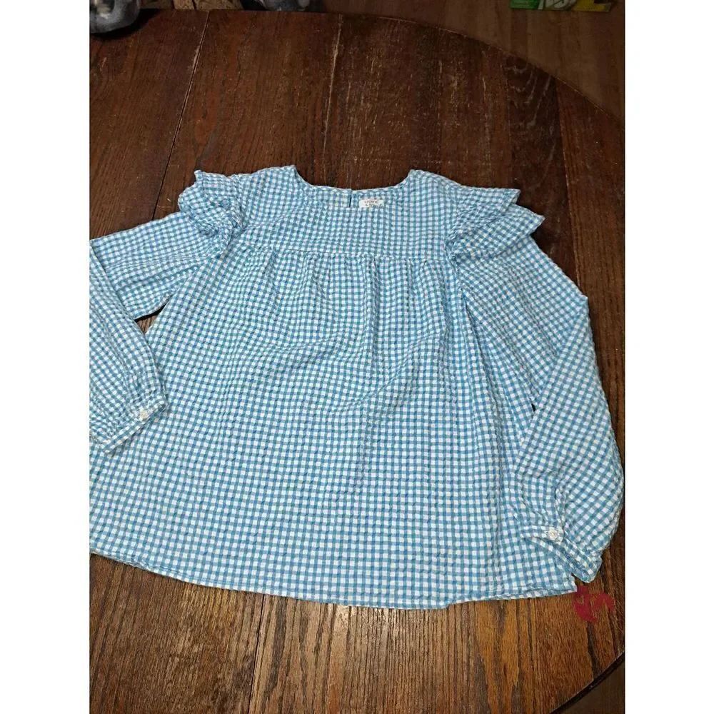 Medium Crown & Ivy Blue White Gingham Long Sleeve Ruffle Blouse Shirt Top
